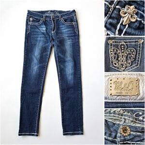Miss Chic M&C Y2K Bling Skinny Jeans Sz 11 Dark Wash Rhinestone Fleur De Lis